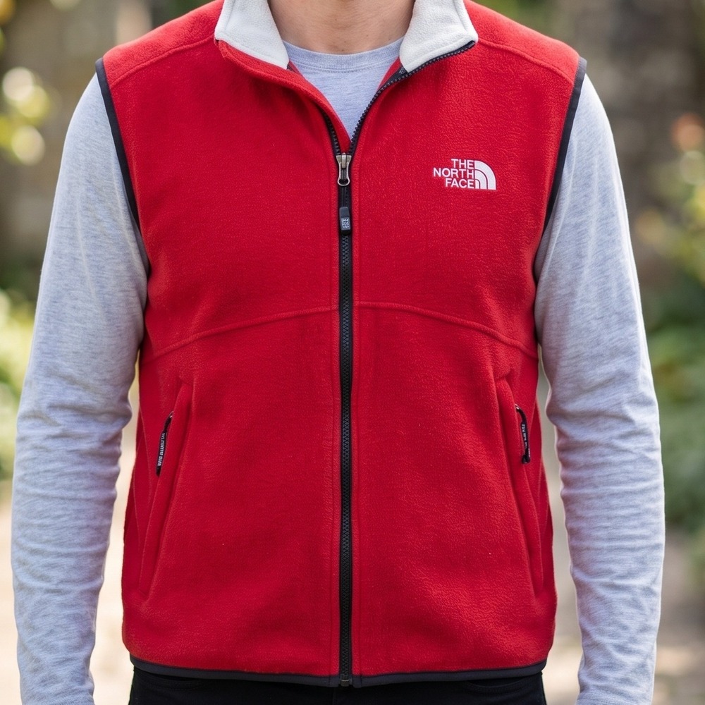 The North Face Mens Full Zip Fleece Vest Red Cream Made in USA Mock Neck M